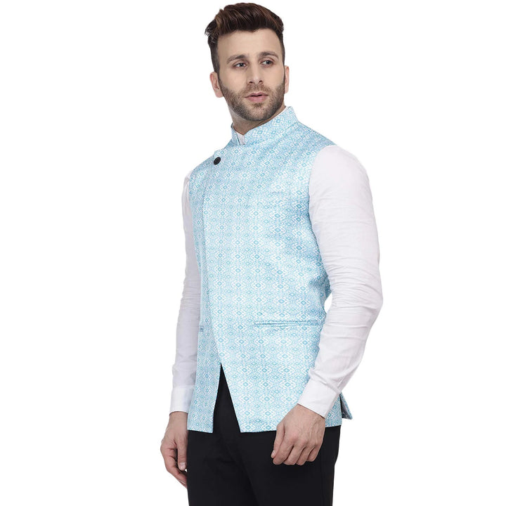 Elegant Sky Blue Silk Blend Jacket | Traditional Party Look