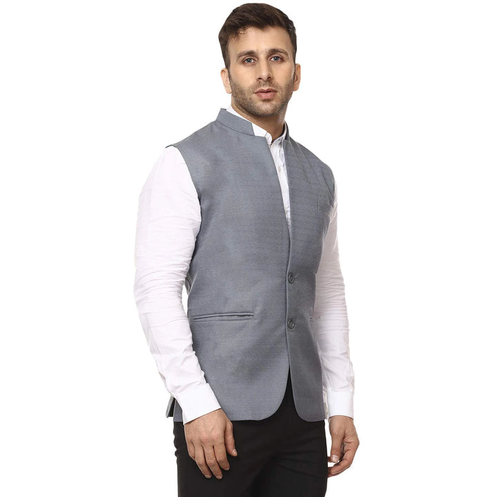 Light Gray Waist Coat for Men | Sleeveless Cotton Poly Mandarin Style