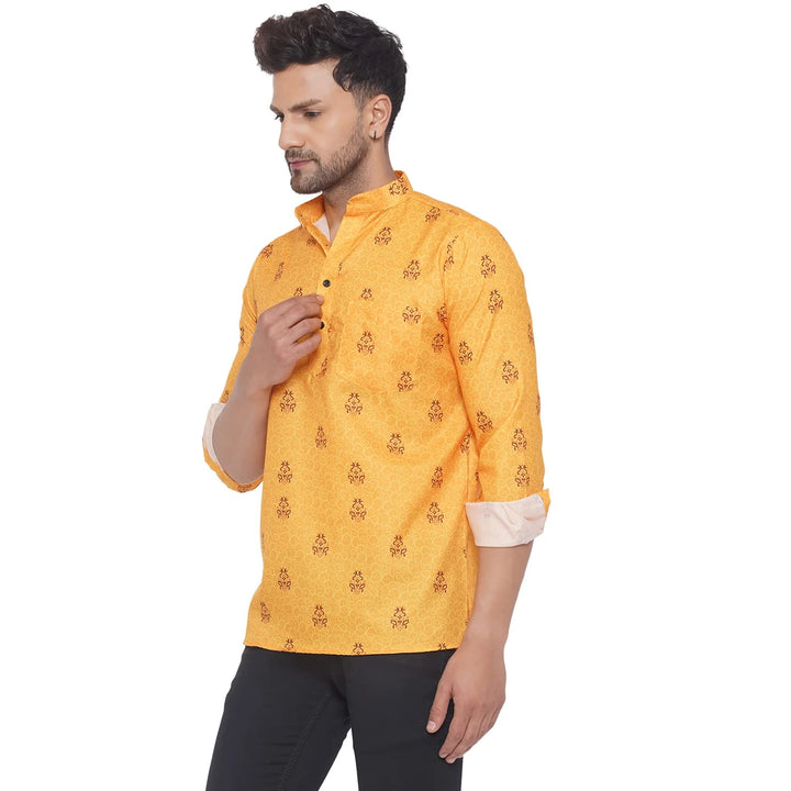 Vibrant Yellow Cotton Kurta for Men | Printed Ethnic Short Wear