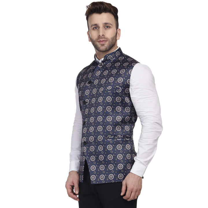 Dark Blue Nehru Jacket | Printed Silk Blend Ethnic Look