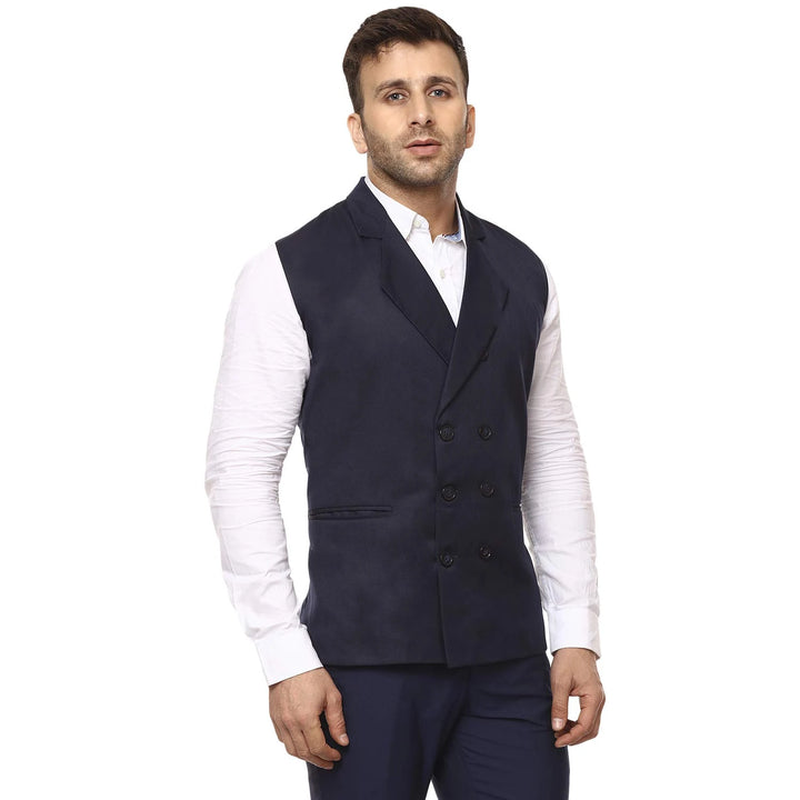 Navy Blue Sleeveless Waistcoat for Men | Cotton Poly Mandarin Style