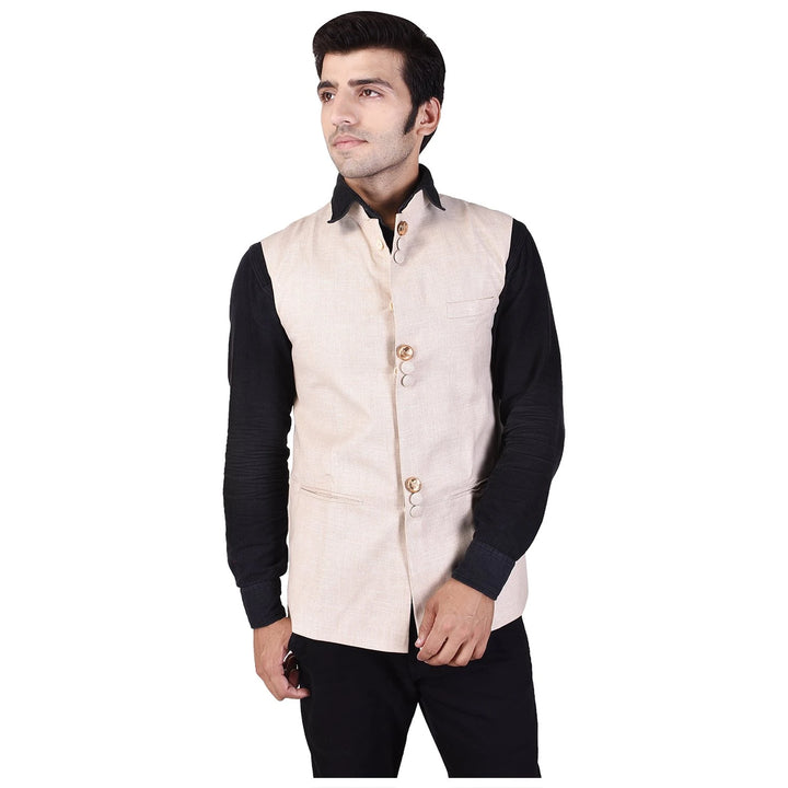 Men's Solid Beige Cotton Linen Nehru Jacket | Classic Ethnic Wear