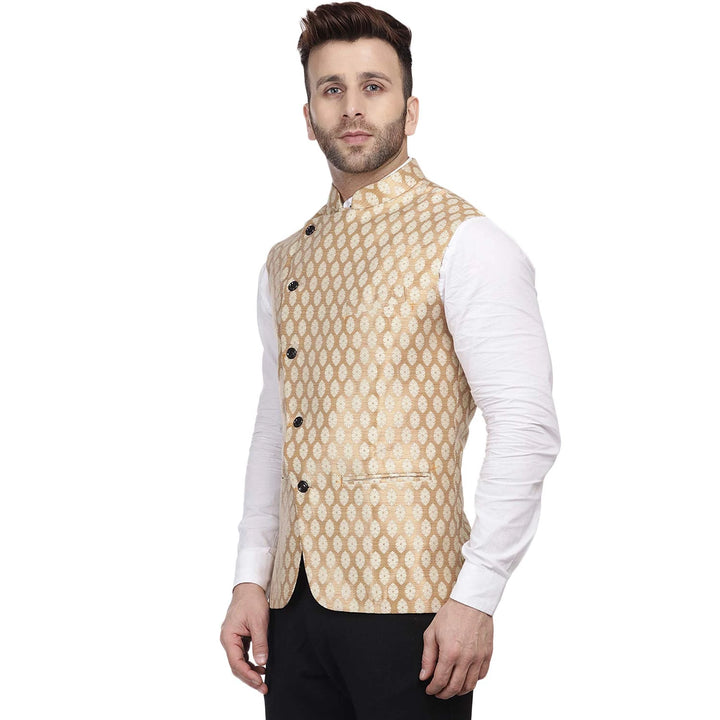 Gold Jacquard Printed Jacket | Festive Nehru Style for Men