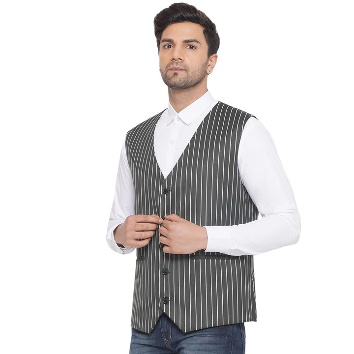 White Striped Waistcoat for Men | Cotton Poly Formal & Casual Wear