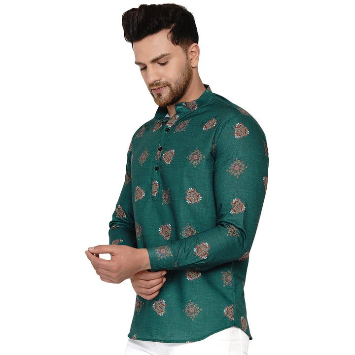 Trendy Printed Cotton Kurta for Men | Teal Green Short Festive Wear
