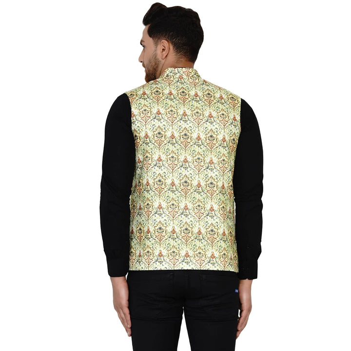 Pista Green Printed Cotton Nehru Jacket for Men |  for Weddings