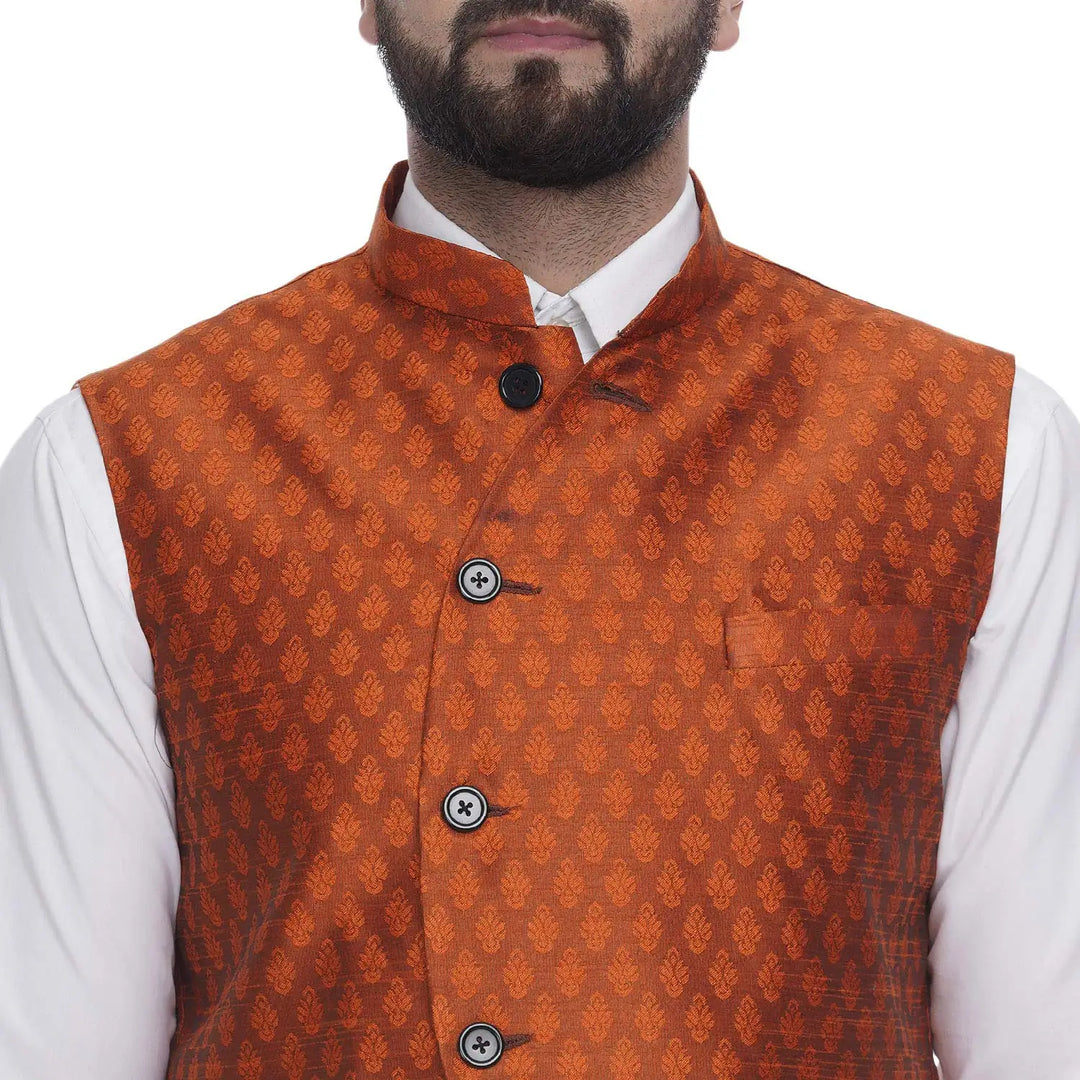 Royal Jacquard Nehru Jacket | Orange Art Silk for Weddings