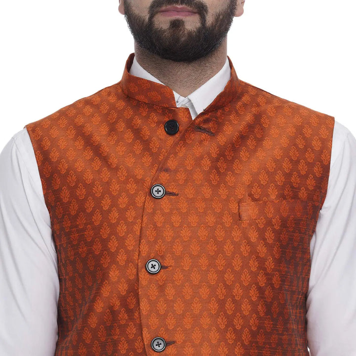 Royal Jacquard Nehru Jacket | Orange Art Silk for Weddings