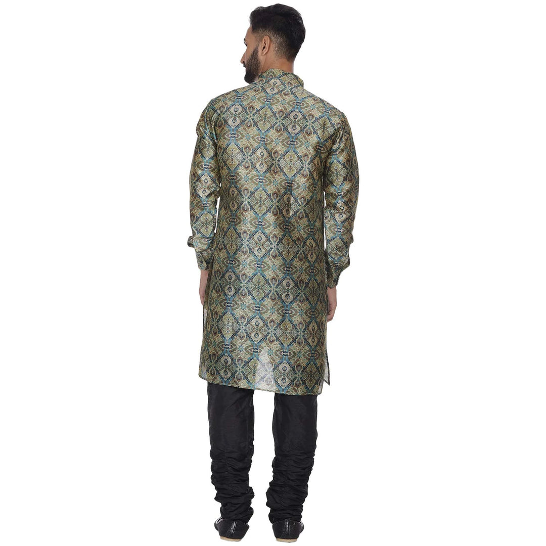 Green Dupion Silk Long Kurta | Zig Zag Print for Men  Traditional Wear