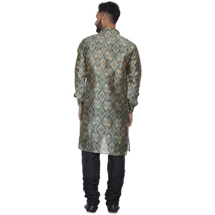 Green Dupion Silk Long Kurta | Zig Zag Print for Men  Traditional Wear