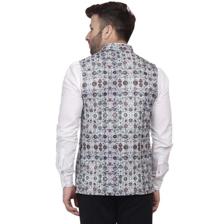 Celebration-Ready Jacket | White Cotton Nehru with Printed Edge