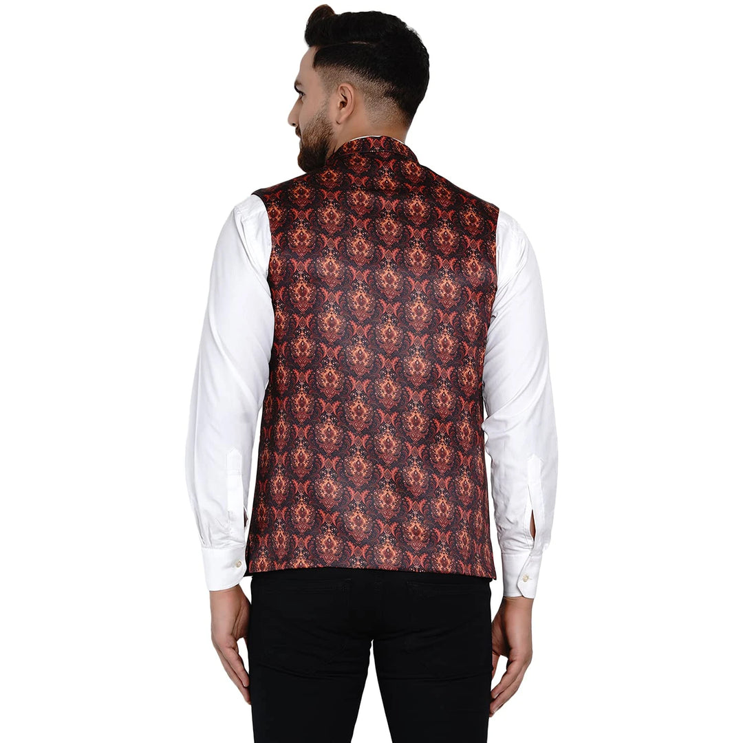 Designer Multi Print Nehru Jacket for Men | Brown Silk Blend