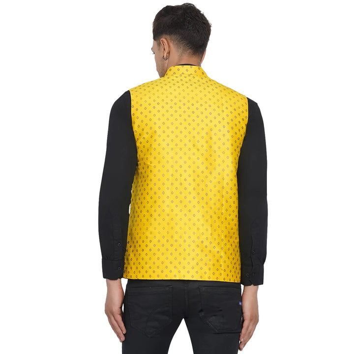 Yellow Banarasi Nehru Jacket for Men | Designer Festive Wear