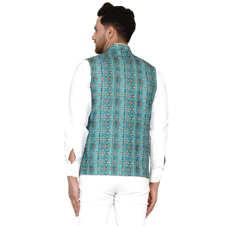 Trendy Nehru Jacket in Rama Color | Cotton Printed Perfection