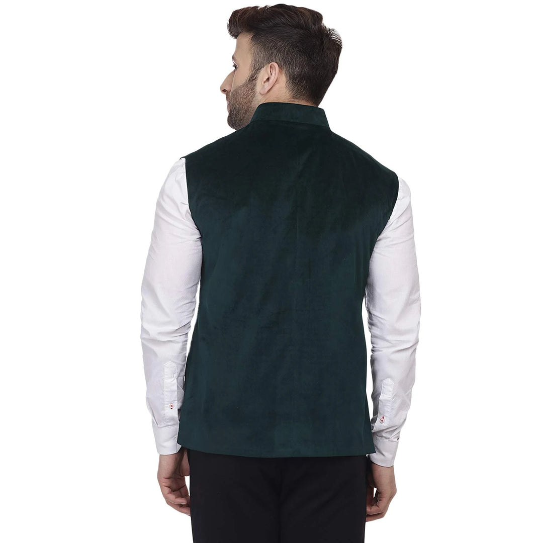 Regal Velvet Nehru Jacket | Bottle Green Chinese Collar Elegance