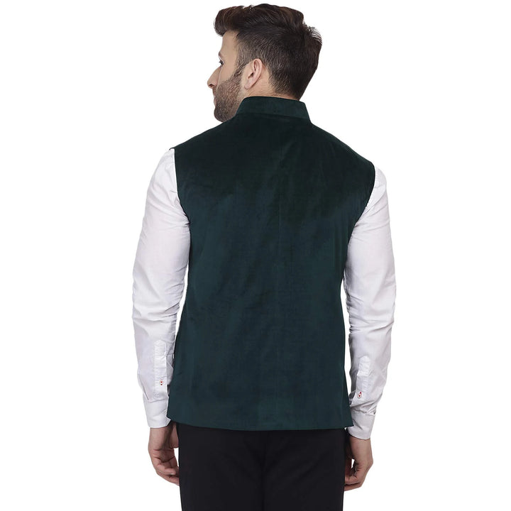Regal Velvet Nehru Jacket | Bottle Green Chinese Collar Elegance