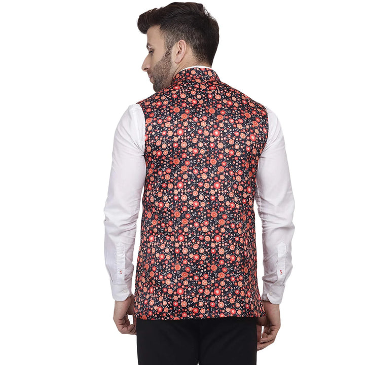 Multi-Colored Print Nehru Jacket | Black Silk Blend Party Style