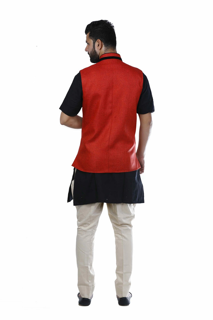 Bold Red Cotton Jacket | Jute Style Nehru Jacket for Events