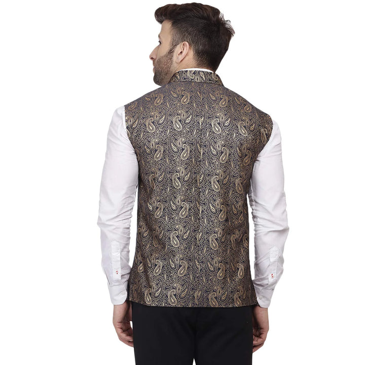 Party Wear Nehru Jacket for Men | Black Banarasi Jacquard Design