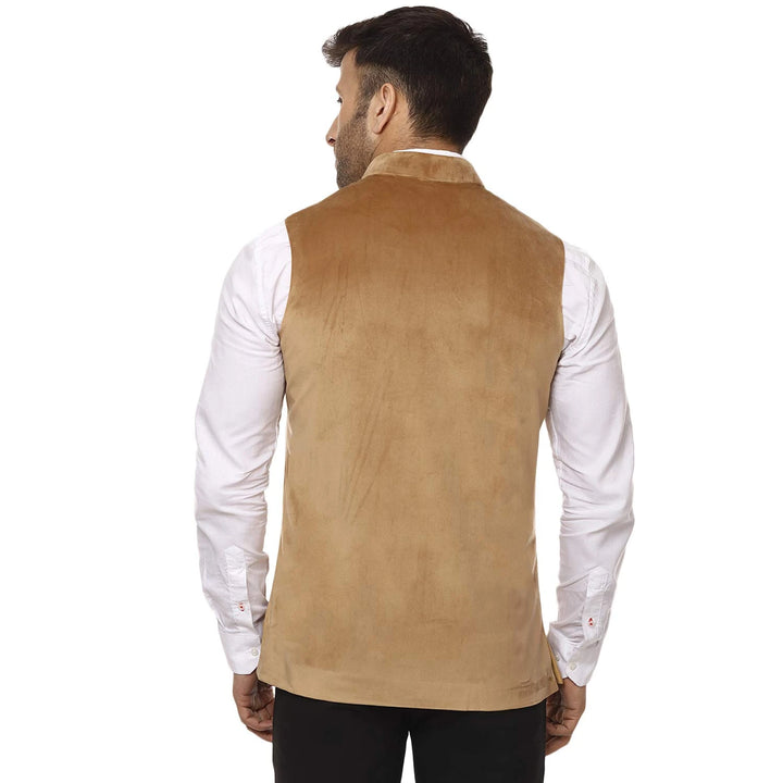 Velvet Solid Beige Nehru Jacket | Traditional Men's Festive Wear