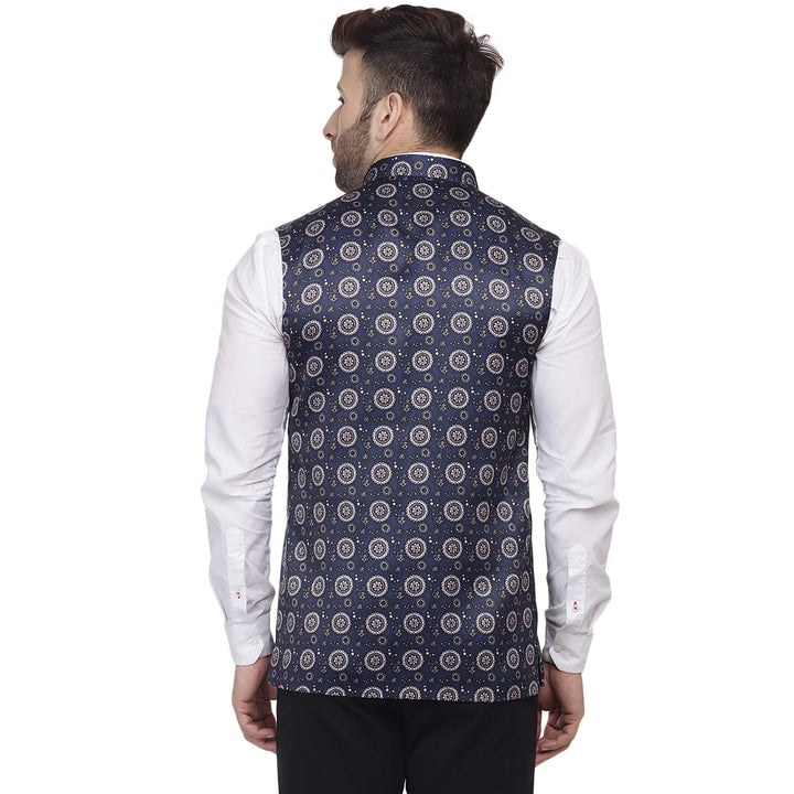 Dark Blue Nehru Jacket | Printed Silk Blend Ethnic Look