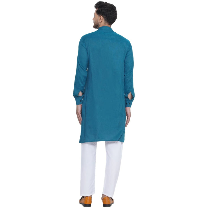 Viscose Rayon Solid Kurta | Teal Blue Men’s Long Festive Wear