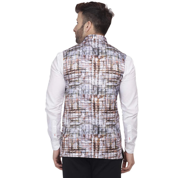 Men's Light Gray Nehru Jacket | Printed Silk Blend Elegance