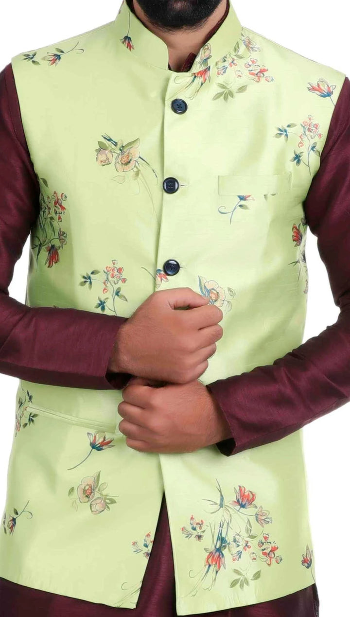 Stylish Printed Nehru Jacket for Men | Light Green Silk Satin
