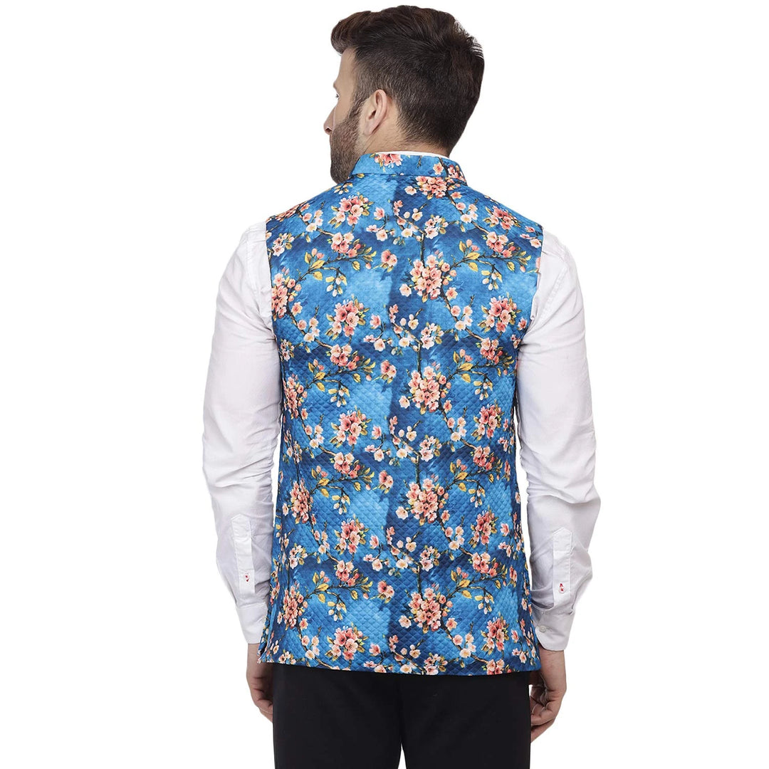 Vibrant Cotton Layers | Blue Knitted Nehru Jacket for Celebrations