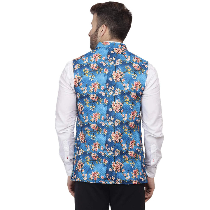 Vibrant Cotton Layers | Blue Knitted Nehru Jacket for Celebrations