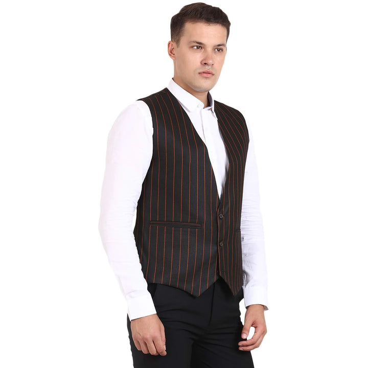 Men’s Striped Black Waistcoat | Poly Cotton Round Neck Design