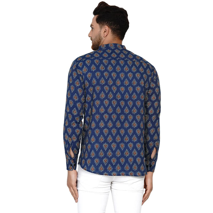 Trendy Printed Kurta for Men | Navy Cotton Short Kurta