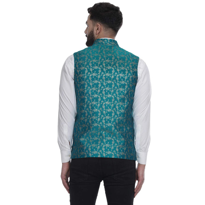 Stunning Traditional Rama Art Silk Jacket | Banarasi Print Nehru Style
