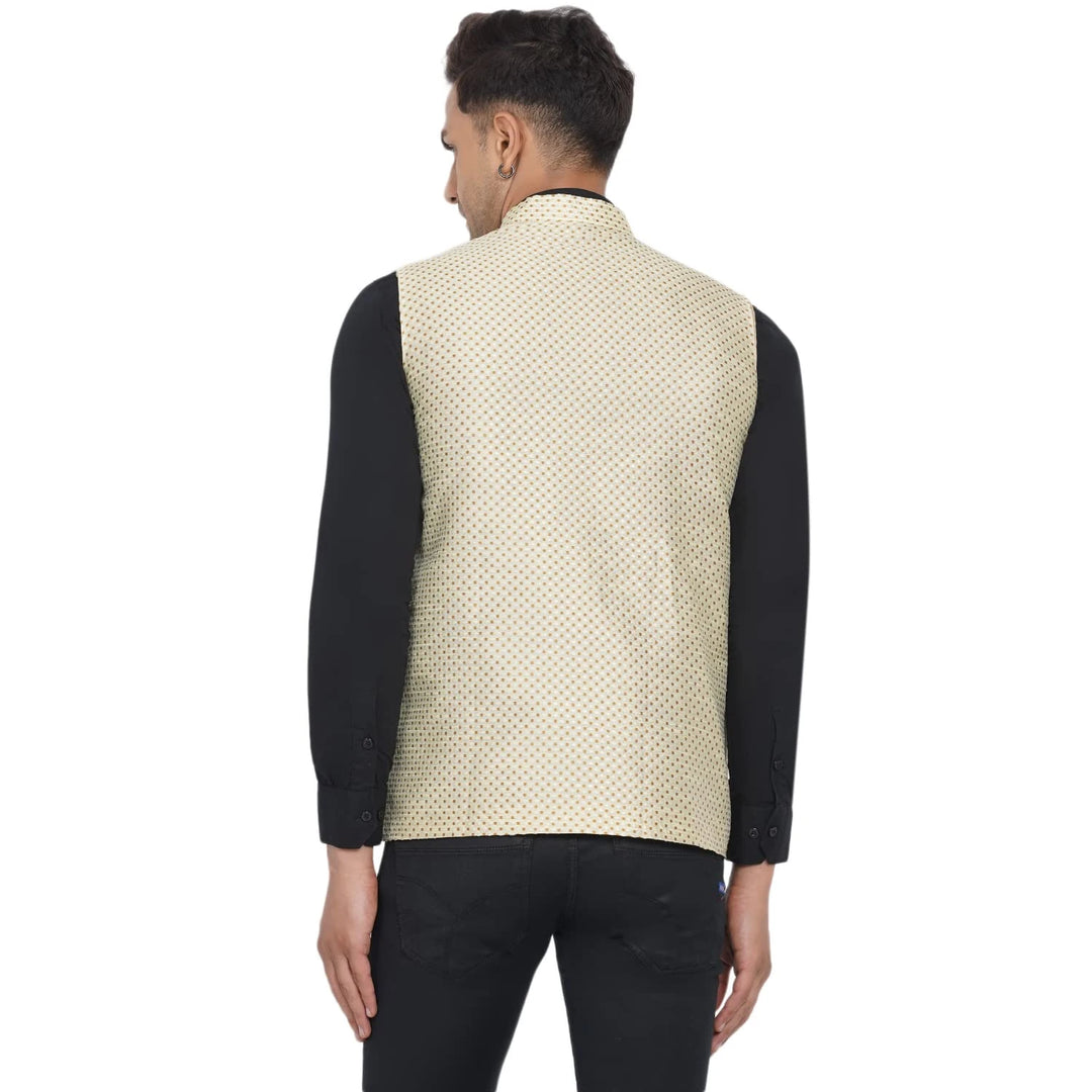Beige Jacquard Nehru Jacket for Men | Stylish Ethnic Jacket