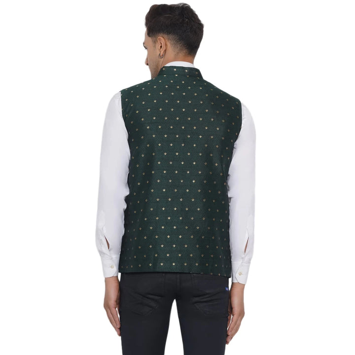 Dark Green Nehru Jacket for Men | Elegant Jacquard Printed Style