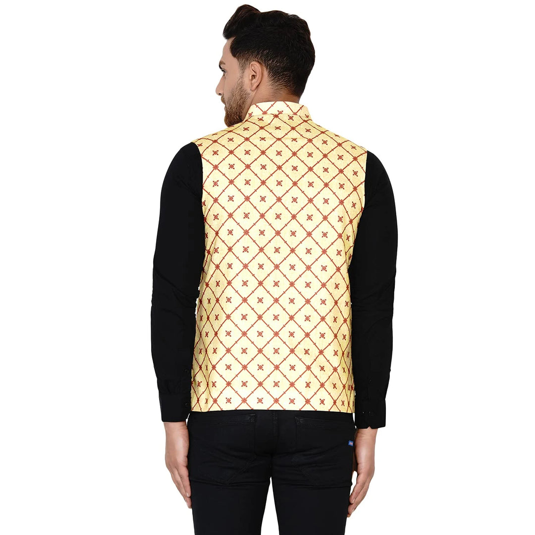 Yellow Cotton Nehru Jacket for Men | Printed Sleeveless Jacket