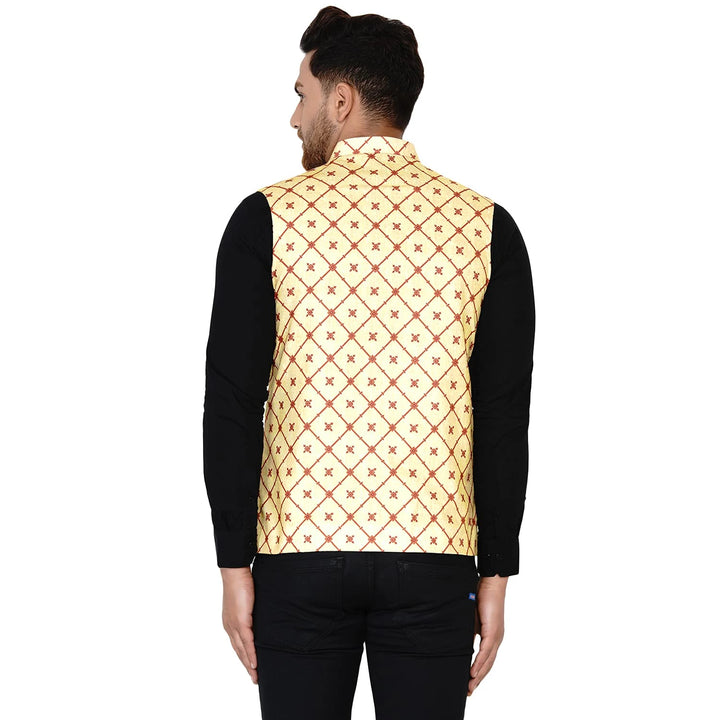 Yellow Cotton Nehru Jacket for Men | Printed Sleeveless Jacket