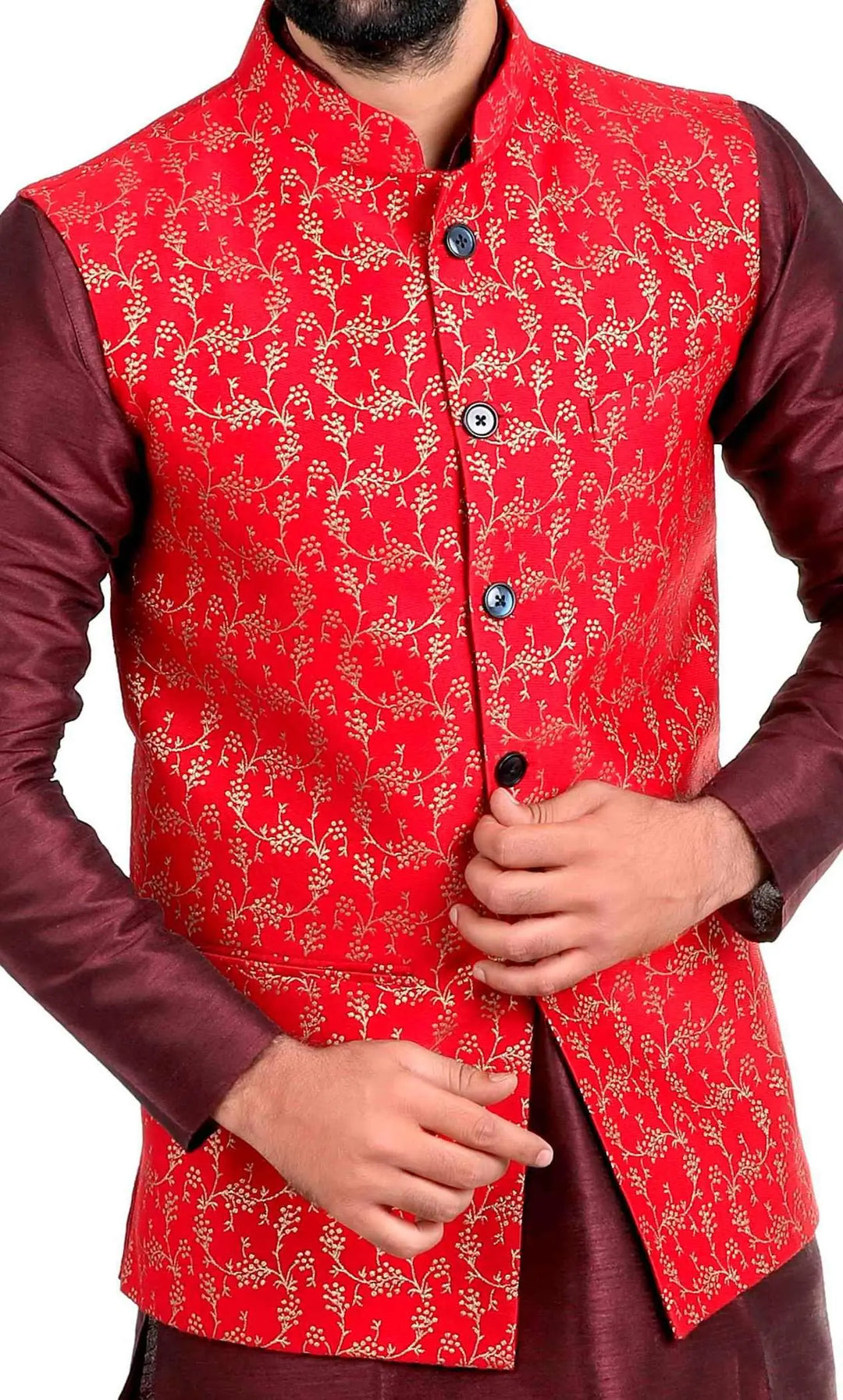 Elegant  Red Banarasi Print Nehru Jacket for Men | Wedding & Festive Look