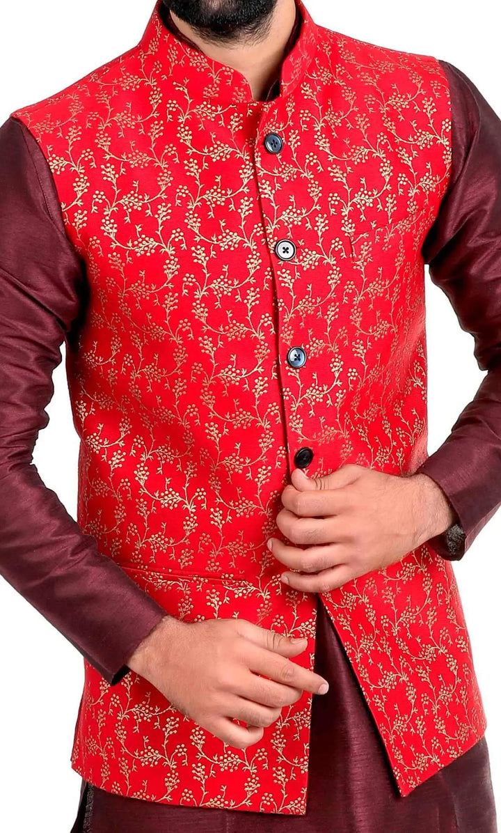 Elegant  Red Banarasi Print Nehru Jacket for Men | Wedding & Festive Look