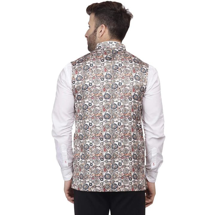 Stylish Silk Blend Jacket | Printed Beige Nehru for Celebrations