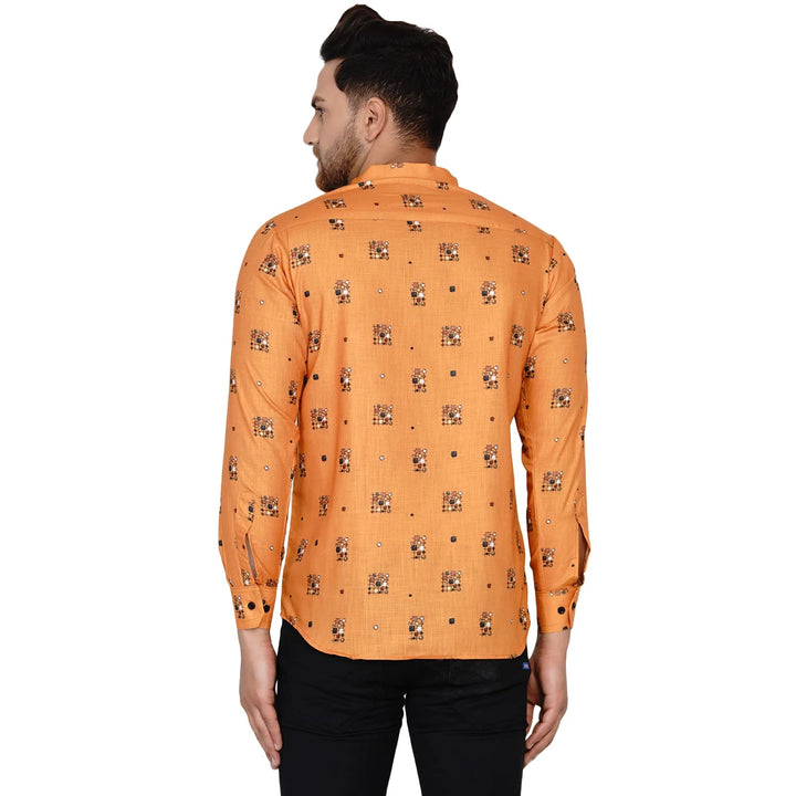 Vibrant Orange Cotton Kurta for Men | Ethnic Print Short Style