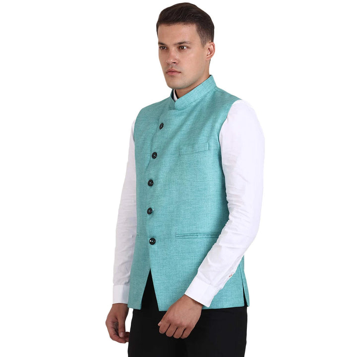 Elegant Solid Work Nehru Jacket | Cotton Jute  Chinese Collar