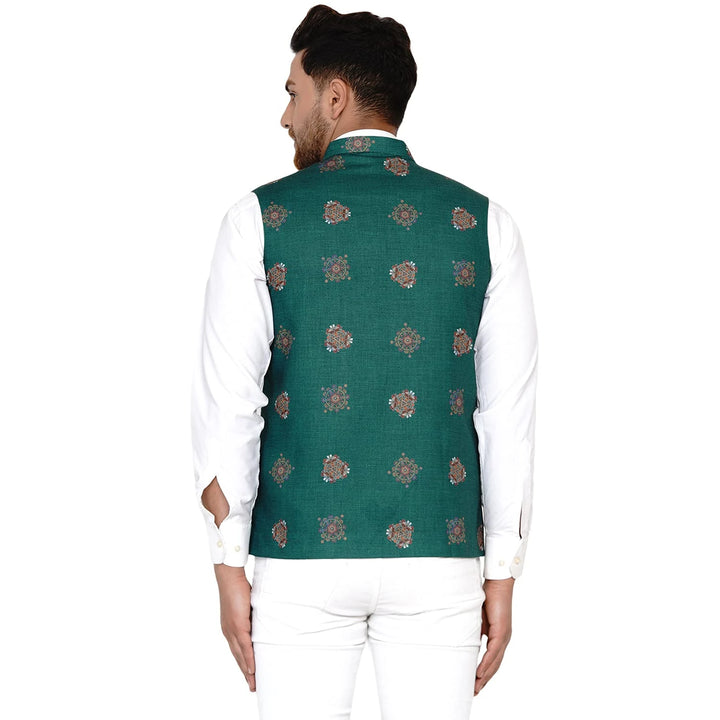 From Mehendi to Mandap | Teal Green Printed Cotton Jacket for Men
