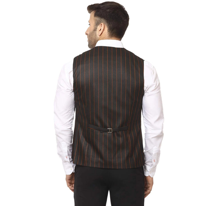 Men's Waist Coat in Black | Striped Poly Cotton Festive Wear