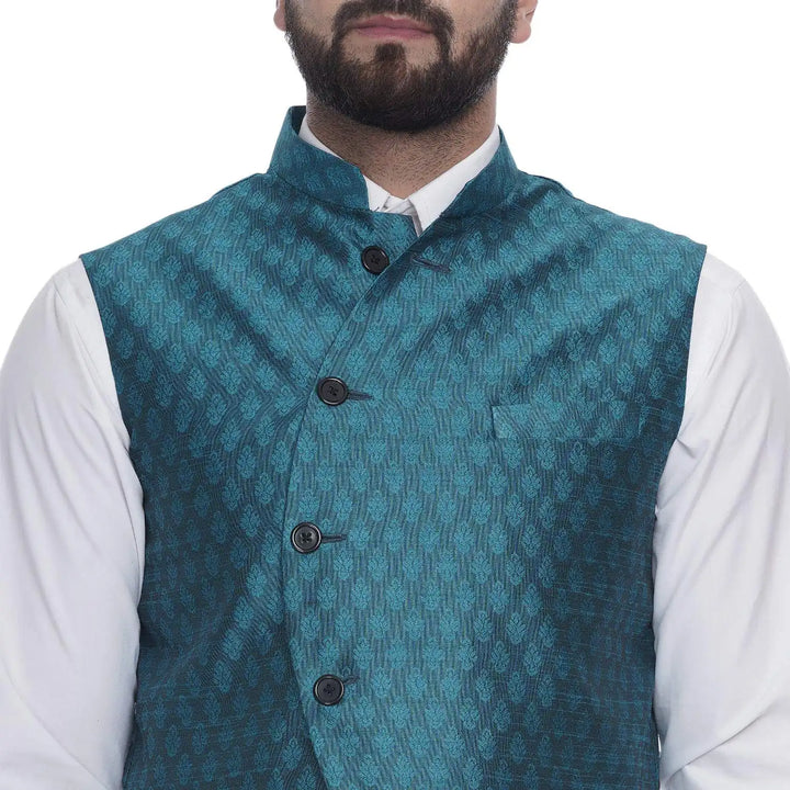 Luxury Jacquard Printed Jacket | Teal Blue Art Silk Nehru Look