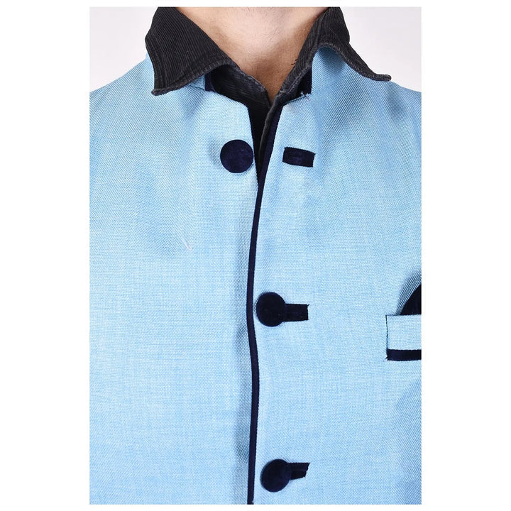 Sky Blue Jute Nehru Jacket | Designer Cotton Blend Festive Wear