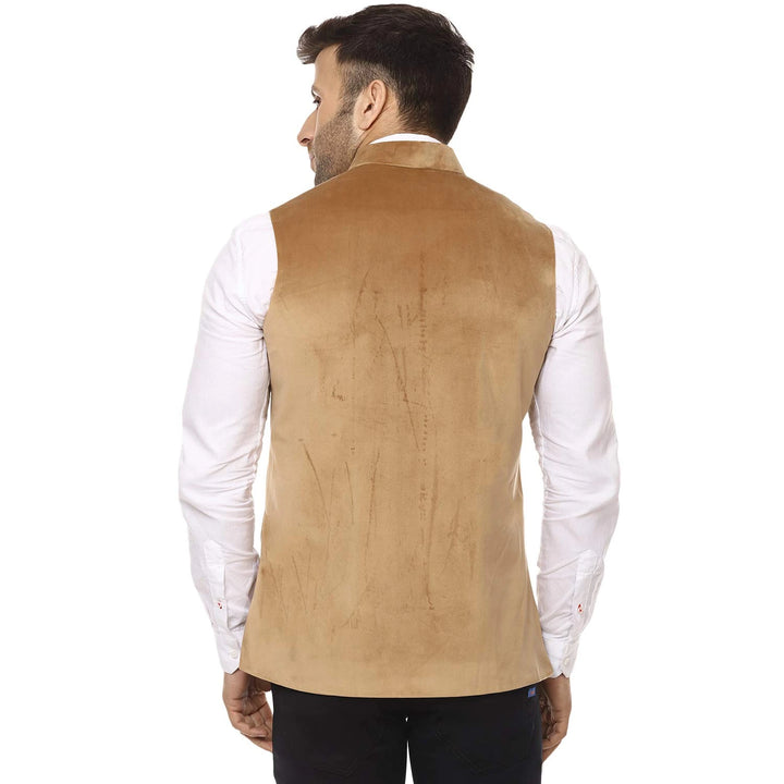 Beige Velvet Nehru Jacket | Designer Chinese Collar Style