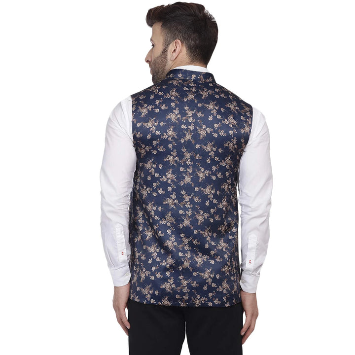 Artful Navy Nehru Jacket | Printed Silk Blend for Weddings