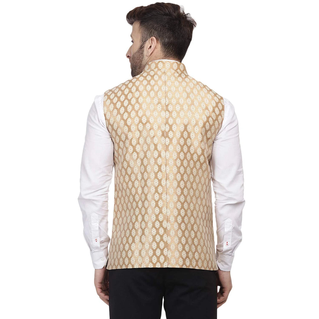 Gold Jacquard Printed Jacket | Festive Nehru Style for Men