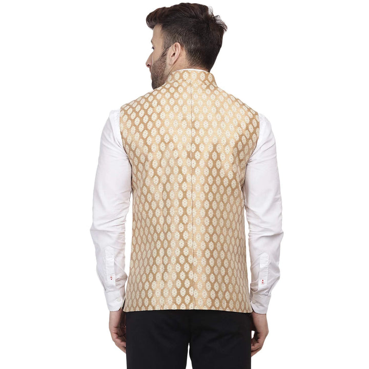 Gold Jacquard Printed Jacket | Festive Nehru Style for Men